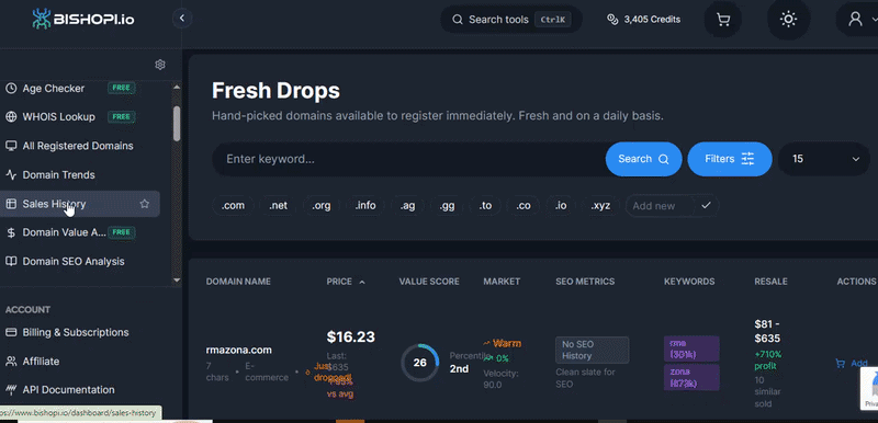Domain name sales history